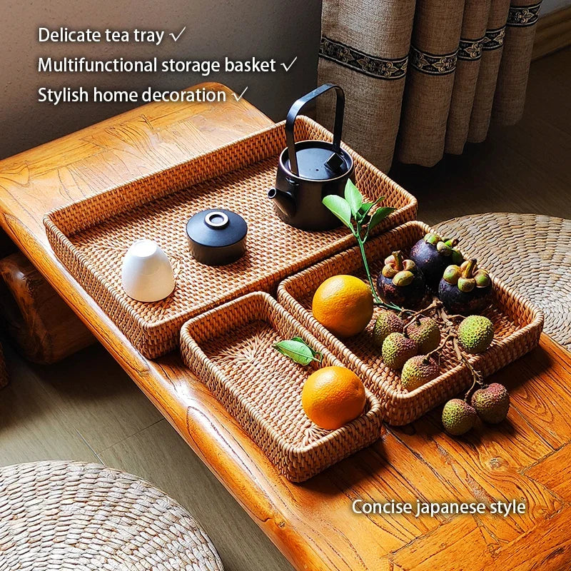 Cesta de armazenamento de vime tecida à mão bandeja de vime quadrada cesta de piquenique pão prato de comida bolo de frutas, caixa de artigos diversos, decoração de mesa de casa