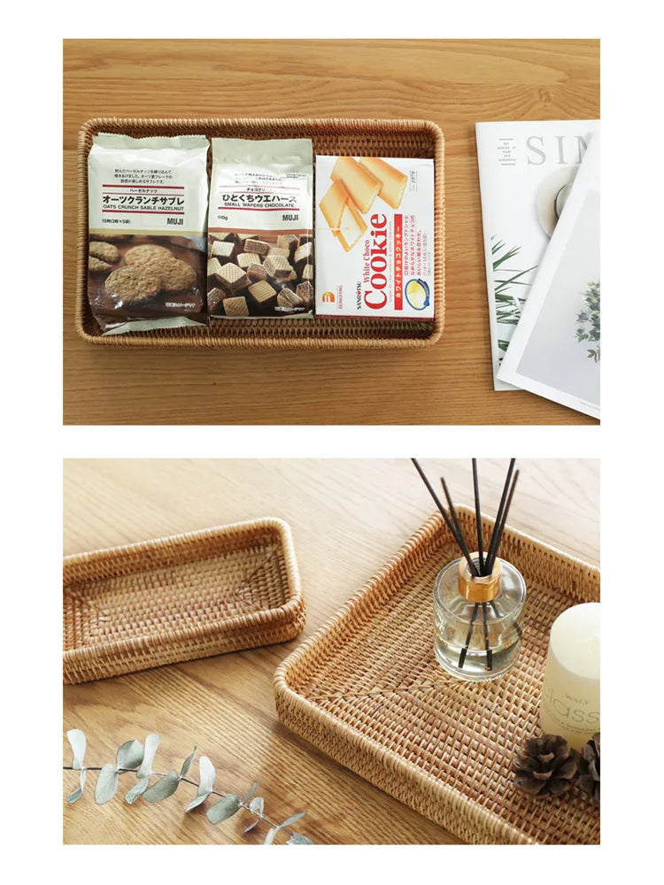 Cesta de armazenamento de vime tecida à mão bandeja de vime quadrada cesta de piquenique pão prato de comida bolo de frutas, caixa de artigos diversos, decoração de mesa de casa