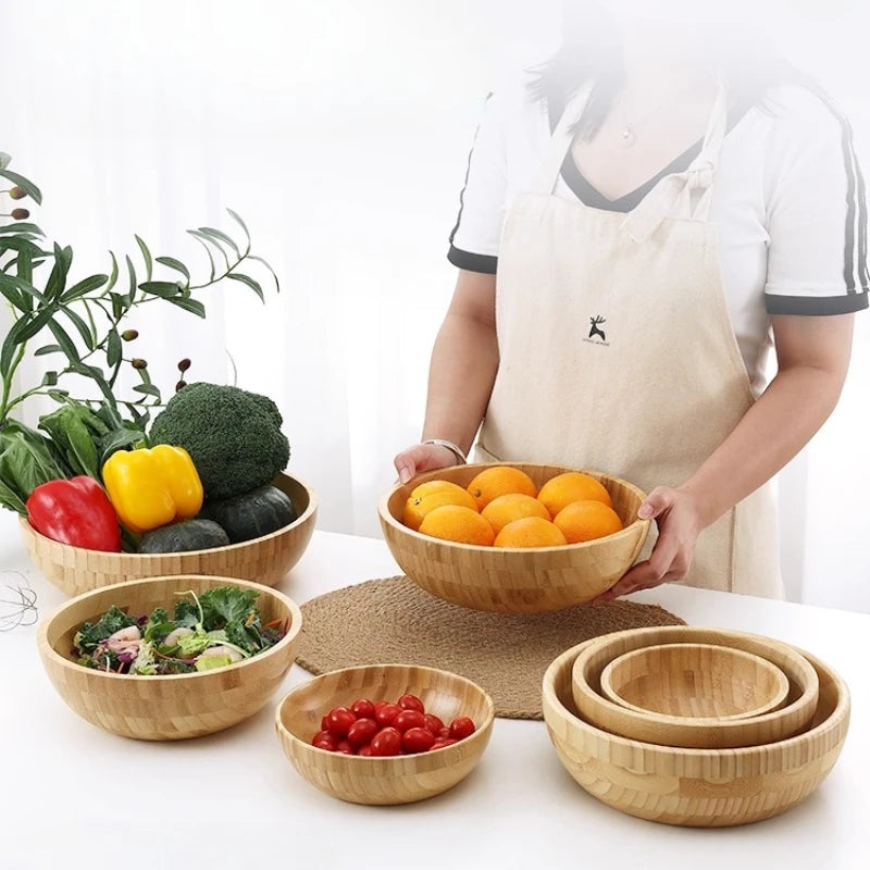 Tigela de bambu natural grande casa tigela de salada de frutas e vegetais tigela de mistura de massa de madeira talheres de madeira tigela de macarrão