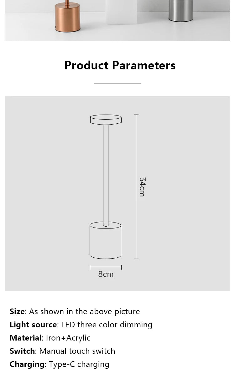 Candeeiro de Mesa LED com Sensor de Toque, Luminária de Mesa Recarregável, Cabeceira Ajustável, Luz Ambiente Criativa, Decoração do Quarto Bar, Simples, 3 Cores