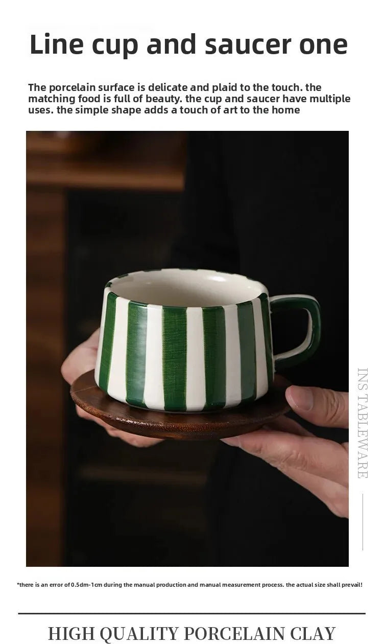 Conjunto de xícara de café cerâmica listrada criativa, para escritório, chá da tarde, latte fino, presente artesanal, combinação de xícara e prato