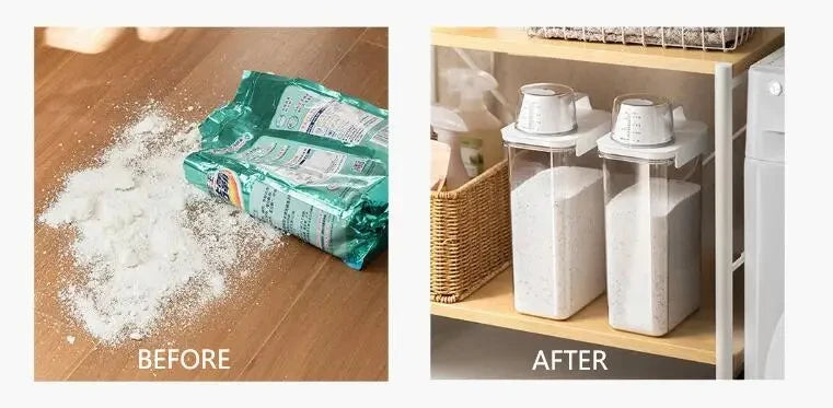 Dispensador hermético de detergente para roupas, caixa de armazenamento de pó, recipiente transparente para líquidos com tampas, jarra