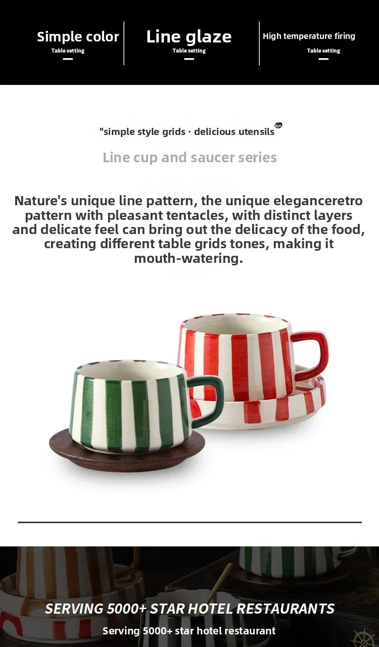Conjunto de xícara de café cerâmica listrada criativa, para escritório, chá da tarde, latte fino, presente artesanal, combinação de xícara e prato