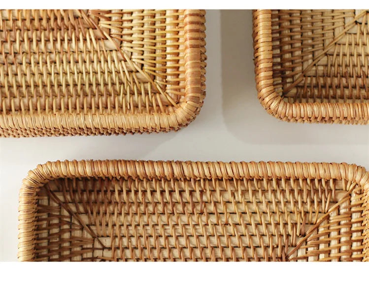 Cesta de armazenamento de vime tecida à mão bandeja de vime quadrada cesta de piquenique pão prato de comida bolo de frutas, caixa de artigos diversos, decoração de mesa de casa