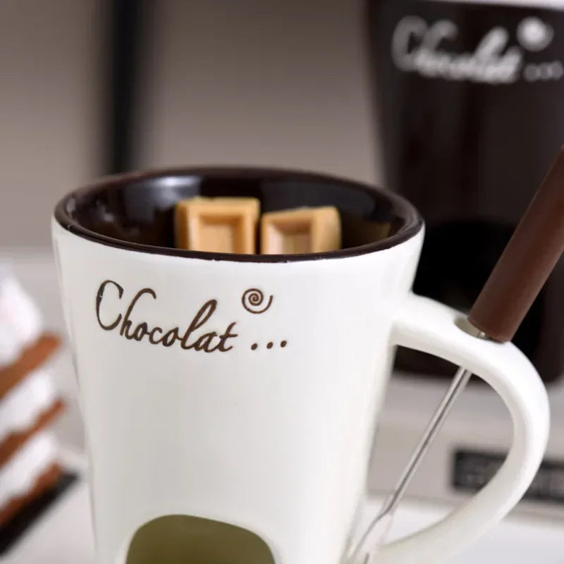 130ml europeu vela copo queijo chocolate derretendo caneca de cerâmica aquecimento comida caneca cerâmica com garfo criativo caneca de café utensílios de mesa