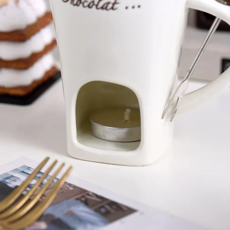 130ml europeu vela copo queijo chocolate derretendo caneca de cerâmica aquecimento comida caneca cerâmica com garfo criativo caneca de café utensílios de mesa