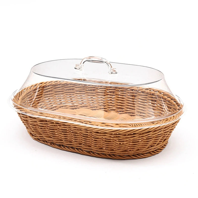 Cesta de vime tecida cesta de pão com tampa acrílica cesta de frutas tecida de mesa com capa imitação de cesta de pão de rattan decoração