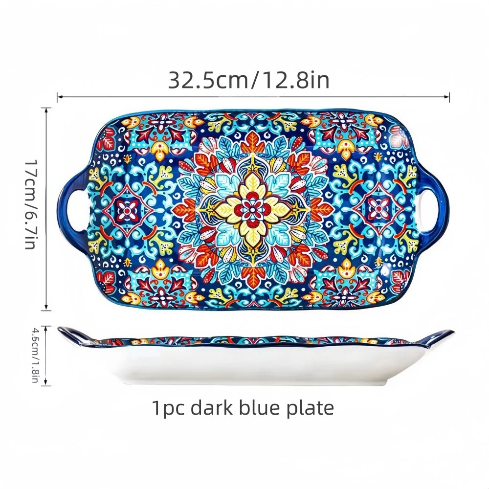 Prato de peixe de cerâmica estilo boêmio com alça: bandeja retangular de mesa de jantar de 12,8 polegadas, adequado para micro-ondas e forno, 1 peça