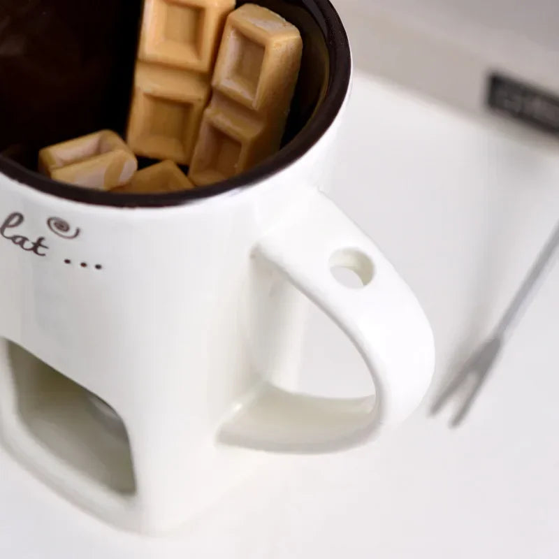 130ml europeu vela copo queijo chocolate derretendo caneca de cerâmica aquecimento comida caneca cerâmica com garfo criativo caneca de café utensílios de mesa
