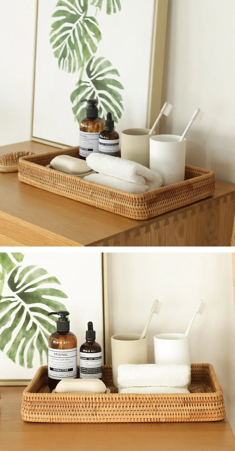 Cesta de armazenamento de vime tecida à mão bandeja de vime quadrada cesta de piquenique pão prato de comida bolo de frutas, caixa de artigos diversos, decoração de mesa de casa