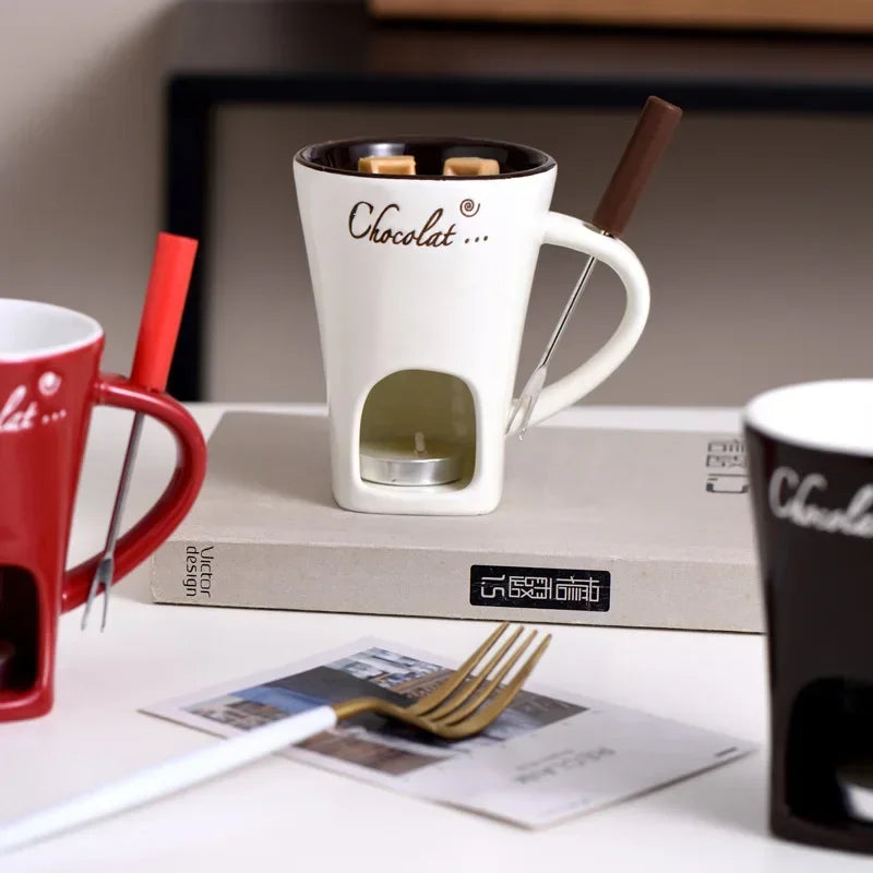 130ml europeu vela copo queijo chocolate derretendo caneca de cerâmica aquecimento comida caneca cerâmica com garfo criativo caneca de café utensílios de mesa