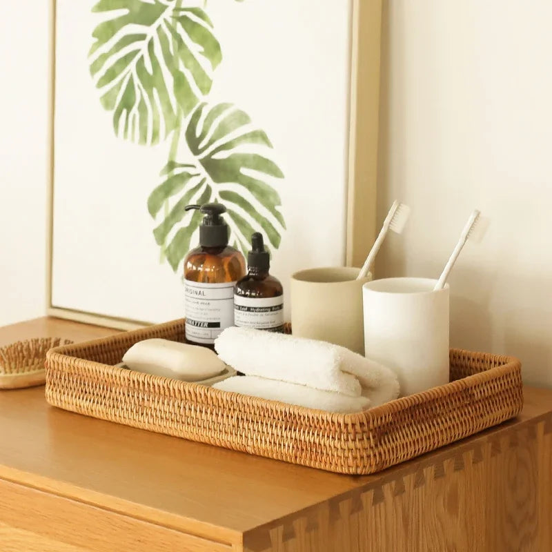 Cesta de armazenamento de vime tecida à mão bandeja de vime quadrada cesta de piquenique pão prato de comida bolo de frutas, caixa de artigos diversos, decoração de mesa de casa