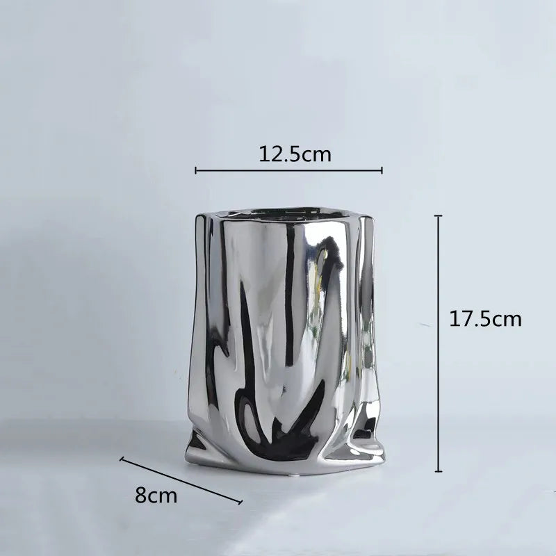 Prata ruffled flor vaso de cerâmica porcelana arranjo flor decoração saco forma terrário vasos decoração para casa