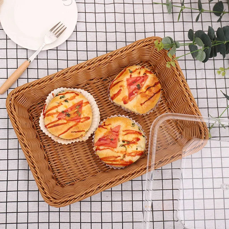Cesta de vime tecida cesta de pão com tampa acrílica cesta de frutas tecida de mesa com capa imitação de cesta de pão de rattan decoração