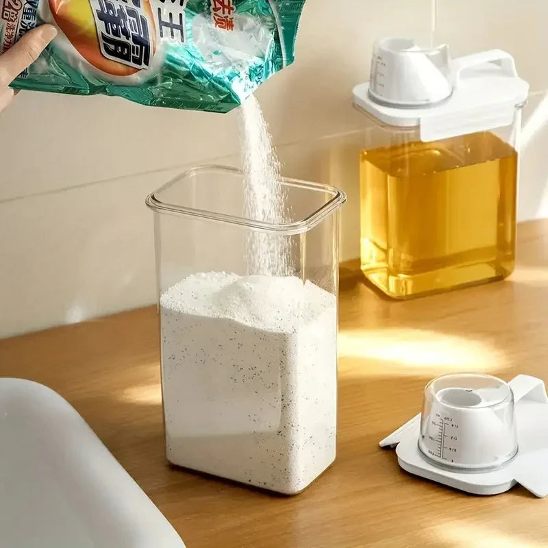 Dispensador hermético de detergente para roupas, caixa de armazenamento de pó, recipiente transparente para líquidos com tampas, jarra