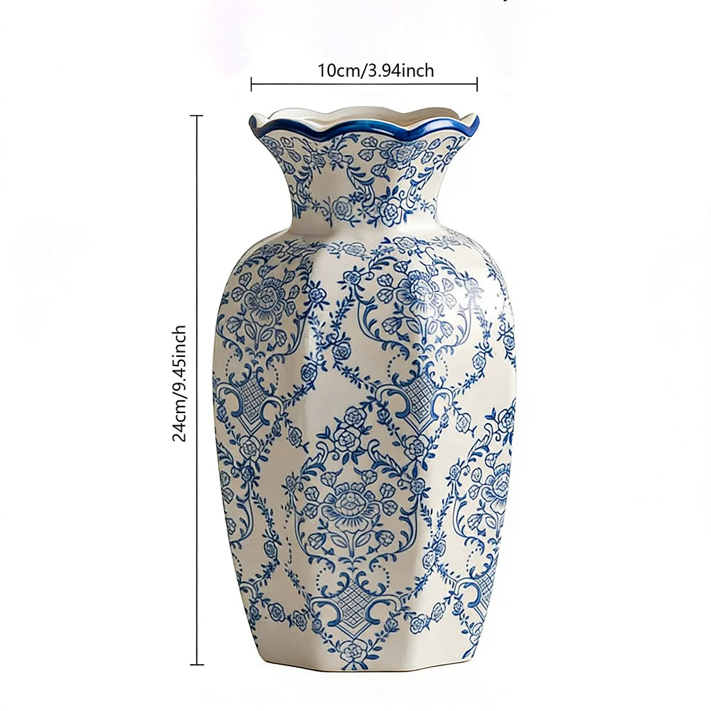 Vaso Cerâmico Clássico Azul e Branco, Vaso Pintado à Mão para Decoração de Casa, Arranjo de Flores na Mesa