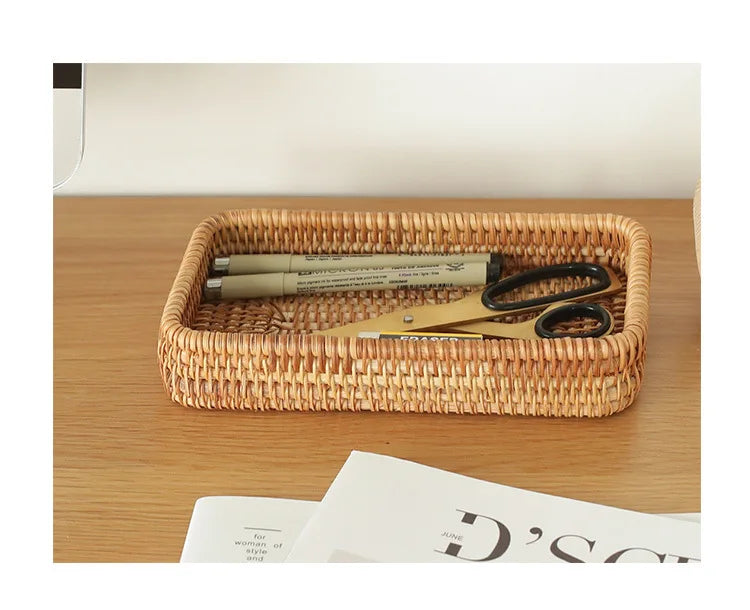 Cesta de armazenamento de vime tecida à mão bandeja de vime quadrada cesta de piquenique pão prato de comida bolo de frutas, caixa de artigos diversos, decoração de mesa de casa