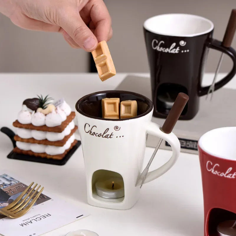 130ml europeu vela copo queijo chocolate derretendo caneca de cerâmica aquecimento comida caneca cerâmica com garfo criativo caneca de café utensílios de mesa