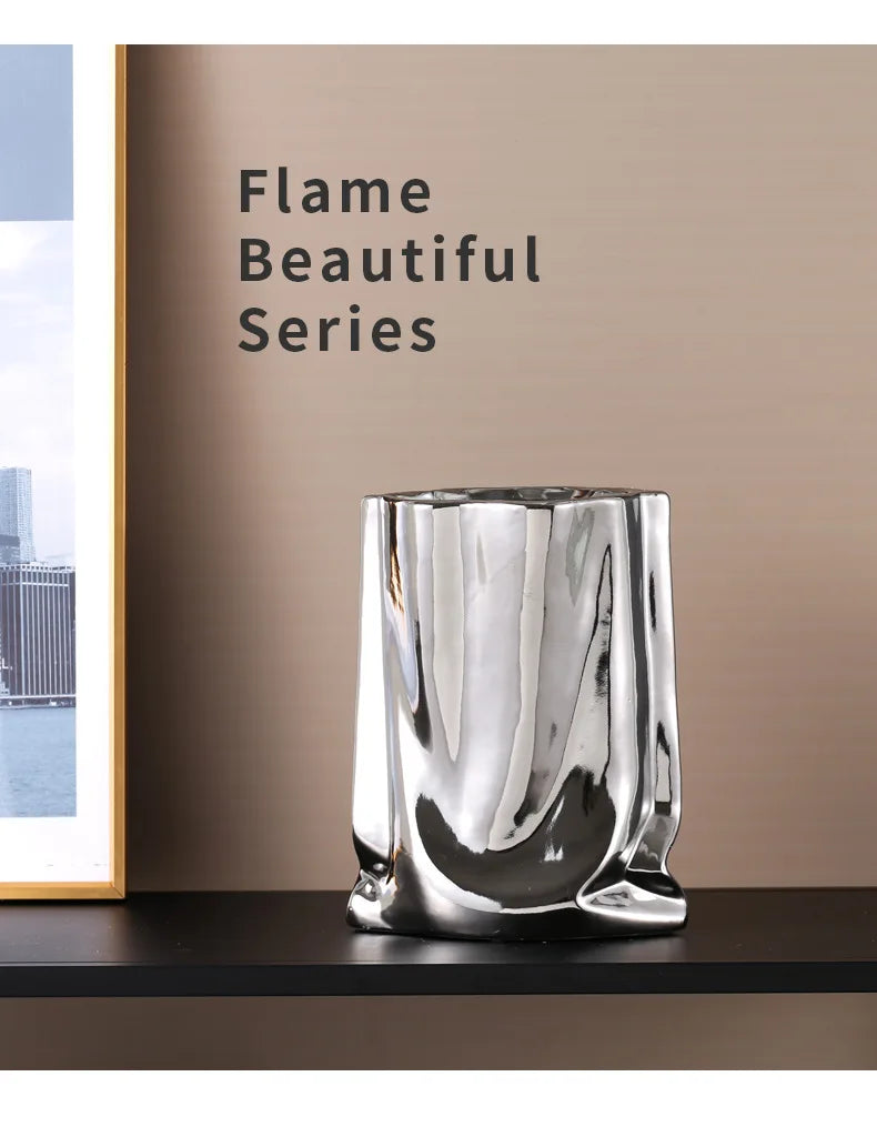 Prata ruffled flor vaso de cerâmica porcelana arranjo flor decoração saco forma terrário vasos decoração para casa