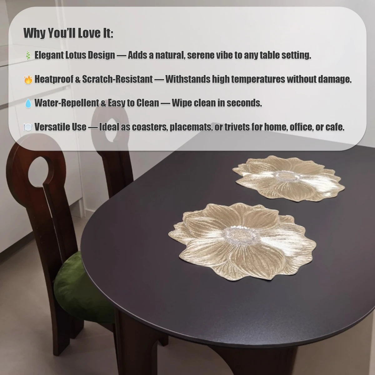 Conjunto de placemat de montanha-russa de lótus, antiderrapante, resistente ao calor, à prova d'água, estilo nórdico, para cozinha, jantar, decoração de casa