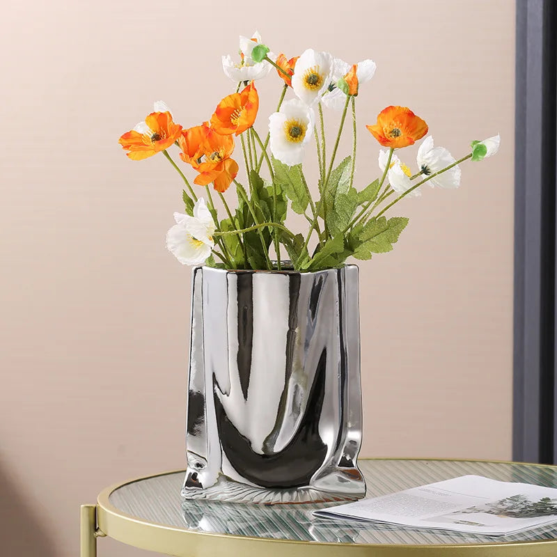 Prata ruffled flor vaso de cerâmica porcelana arranjo flor decoração saco forma terrário vasos decoração para casa